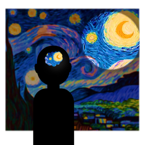 Une oscillation attentionnelle porte  l'attention sur la lune en haut à droite de la Nuit étoilée de Van Gogh, illustration de Corentin Gaillard 